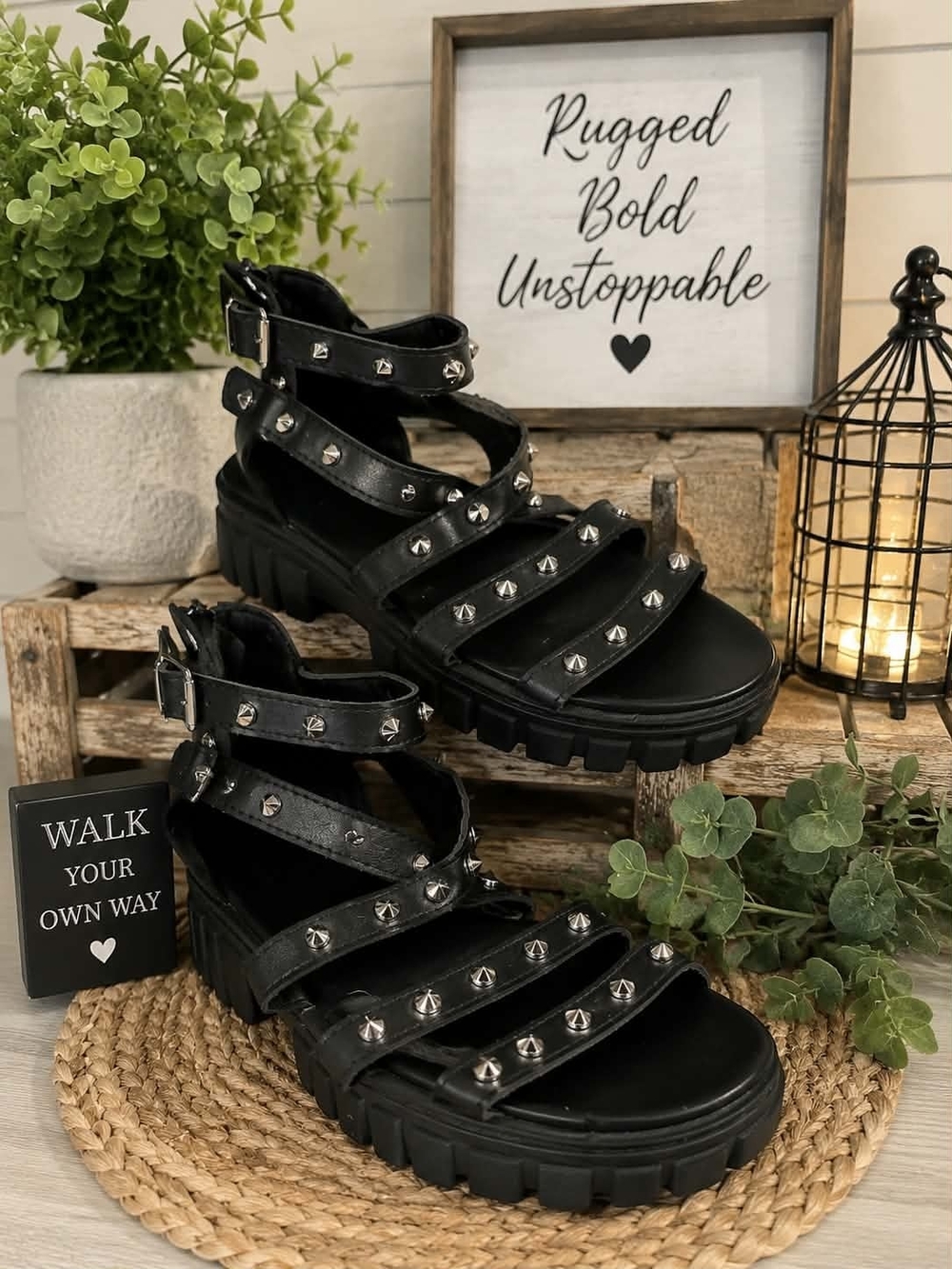 Black Studded Chunky Gladiator Sandals - Women